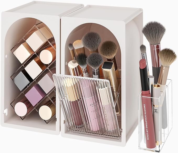 FOLLOWIN Compact Makeup Organizer Set, Bathroom Counter Organizer | Makeup Brush Organizer, Lipstick Holder with Grid, Flip Drawer, Store Lipsticks, Brushes, Milk White