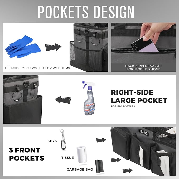 SCAVATA Wearable Cleaning Caddy Bag, Portable Cleaning Supplies Organizer | Cleaning Tool Storage with Handle & Shoulder Straps for Housekeepers, 4 Foldable Dividers, Home & Car Use, GraphiteGrey