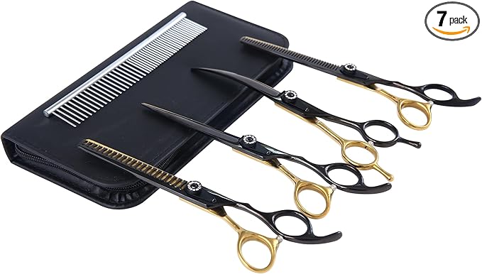 7 Inch Professional Dog Grooming Scissors Kit, 6 in 1 Grooming Scissors for Dogs, Pet Grooming Shears Set, Straight Scissor & Thinning Shear & Curved Scissor & Chunker Shear (Black Gold)