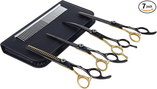 7 Inch Professional Dog Grooming Scissors Kit, 6 in 1 Grooming Scissors for Dogs, Pet Grooming Shears Set, Straight Scissor & Thinning Shear & Curved Scissor & Chunker Shear (Black Gold)