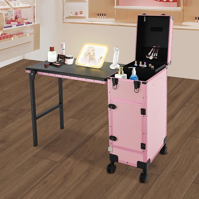 Rolling Makeup Case with 3 Drawers, Portable Manicure Table Lockable Makeup Train Case Portable Nail Table with Storage with LED Light & Key for Hair Barbers/Stylists, Makeup Enthusiasts
