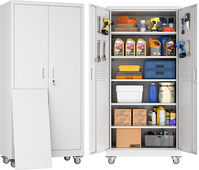White Metal Garage Storage Cabinet with Wheels and Pegboard, 71 in. | Lockable steel cabinet with dual-door pegboard, 4 hooks, 5 adjustable shelves and detachable casters; assembly required.