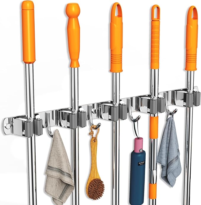CUXIXA 2 Pack Mop and Broom Holder Wall Mount, Non-slip Broom Hanger Wall Mount, Heavy Duty Mop Broom Organizer for Kitchen Garden Garage Laundry Room Wall Decor Organization and Storage Silver 5R4H