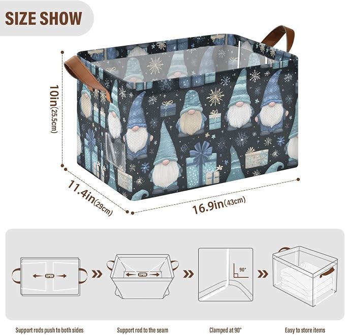 Snowflake and Gnome Winter Gift Storage Basket Foldable Cube Storage Bins with Handles&Label Waterproof Collapsible Organizer Box Bin Large Rectangle Decorative Baskets for Shelves Home Room Laundry