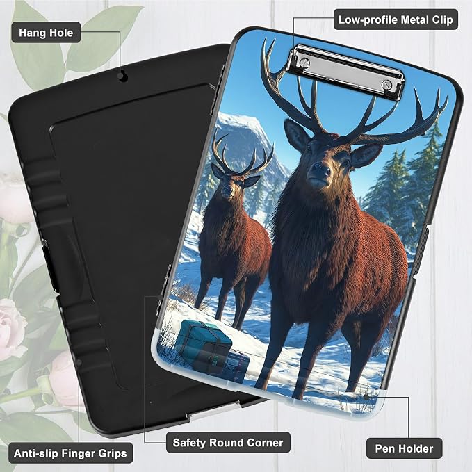 A4 Clipboard with Storage Pen Holder, Clipboards Organizer Nursing Clipboard Foldable File Folder Plastic Clipboard Folio Clip Board for Office Work Classroom Doctor, Snow Mountain Deer
