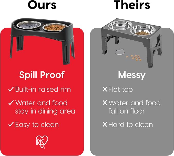 IRIS USA Elevated Dog Bowls, Dual Height 4.63" or 12.25" Made in USA, Black | Includes 2 Stainless Steel Bowls (64oz), Spill Guard, Height Adjustable, Non-Slip Feeder, Helps Reduce Neck Strain