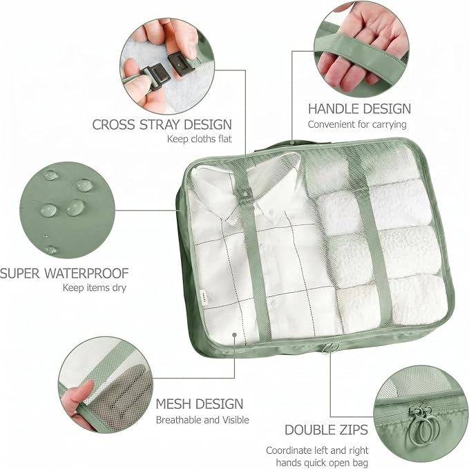 LANSKLBD 6/8 Set Packing Cubes for Suitcases Travel Luggage Packing Organizers,Travel Accessories Essentials Luggage Organizer with Shoe/Tioletry/Laundry Bag (Matcha Green, 8 set)