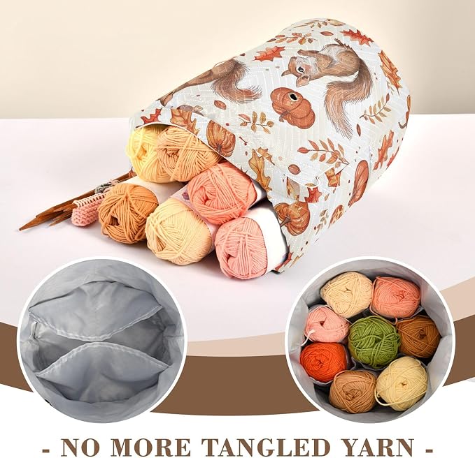 Fustylead Cute Squirrel Maple Pumpkin and Mushroom Yarn Knitting Crochet Drawstring Bag with Customized Front Compartment, Portable Large Storage Basket for Crocheting Project, Kit, Yarn Ball, Needle