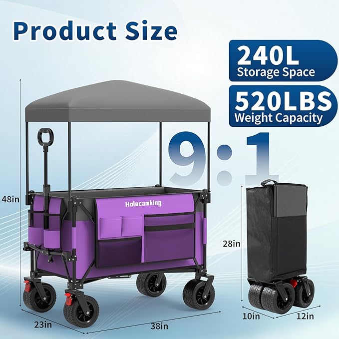 Collapsible Canopy Wagon Cart, Heavy Duty Utility Wagon with Removable Sun Cover, All-Terrain Big Wheels, Dual Brakes, Extra Large Grocery Cart for Beach Camping Sports Tailgates (Purple)