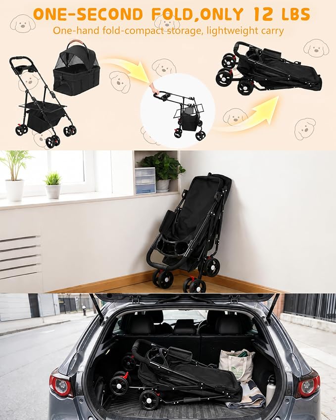 Pet Stroller, 3 in1 Foldable Dog Cat Stroller with Detachable Carrier-Black | 35lbs Lightweight Foldable Dog Stroller, All-Terrain 4 Wheels, Compact Travel Pet Stroller for Small to Medium Pets