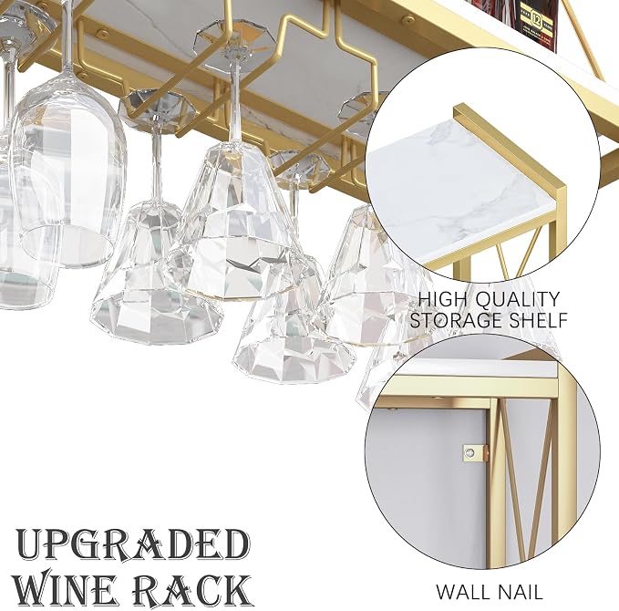 Dokser Wine Rack Wall Mounted Shelf - 2 Tier Wine Bottle Holder for Kitchen | 31.5"Gold 2 Tier Wall Wine Rack with Rustic Wood & Industrial Iron Frame, Wine Bottle Holder for Dining Room, Home Bar Decor