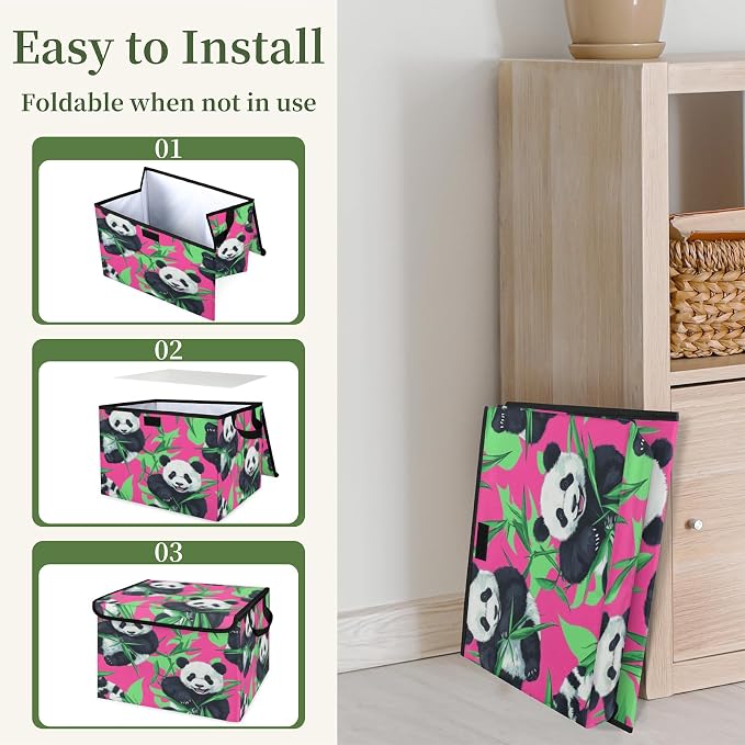 Panda Storage Bins with Lids, Bamboo Foldable Storage Boxes with Carrying Handle Organizer Containers Baskets Cube for Home Bedroom Closet