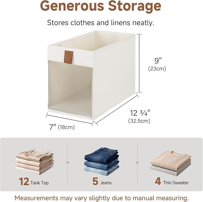 StorageWorks Narrow Storage Bins, Small Storage Baskets, Beige, 3-Pack | Soft Leather Handles, Flip to Show/Hide, Collapsible Small Storage Bins for Closet, Shelf, Bedroom, Bathroom, Space-Saving