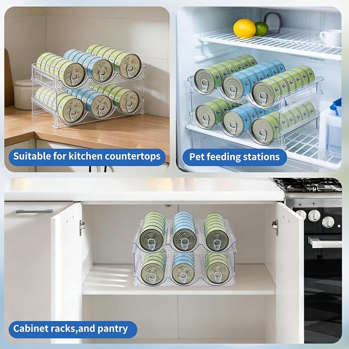Cat Can Storage Organizer for Pantry, High Clear Acrylic Dog Canned Food Storage Rack 2 Tier Stackable Shelf for Pet Cans Dispenser with Can Cover Lid and Spoon