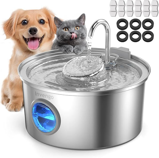 Invengo Cat Water Fountain Stainless Steel, 3.2L/108oz Pet Drinking Fountain for Cats Dogs, Automatic Cat Fountain with 2 Flow Modes, Splash-Proof Bowl, Includes 6 Replacement Filters