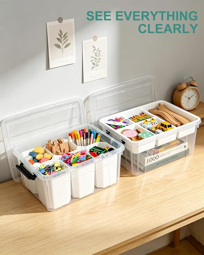 AREYZIN 17QT Clear Storage Bins with Lids & Dividers for Crafts | Stackable 17-quart transparent box featuring 6 tall removable inserts. Perfect for organizing crafts, tools, toys & crayons