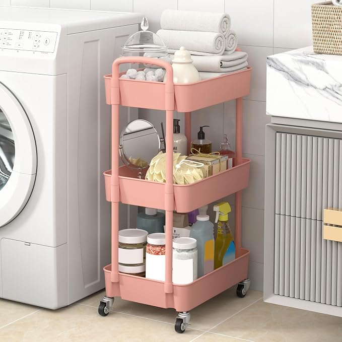Sywhitta 3-Tier Plastic Rolling Utility Cart with Wheels for Storage, Pink | Multi-Functional Storage Trolley, for Office, Living Room, Kitchen, Bathroom,Movable Organizer,Space-Saving,Easy to assemble