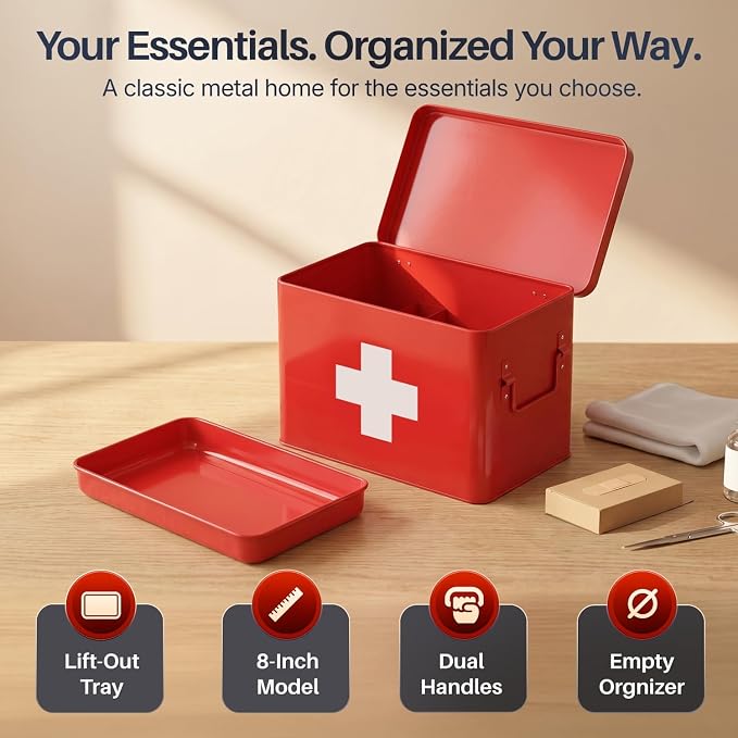Flexzion Large Metal First Aid Box Empty, 8.5-Inch, Red with White Cross | Vintage Medicine Box and First Aid Storage Organizer with Removable Tray and Dividers; Empty Box Only, Supplies Not Included