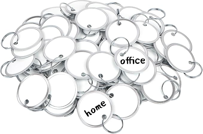 55 Pack Key Tags with Ring, 1 Inch Round Paper Key Tags – Writable White Keychain Tags with Metal Edge, Bulk Key Identification Tags