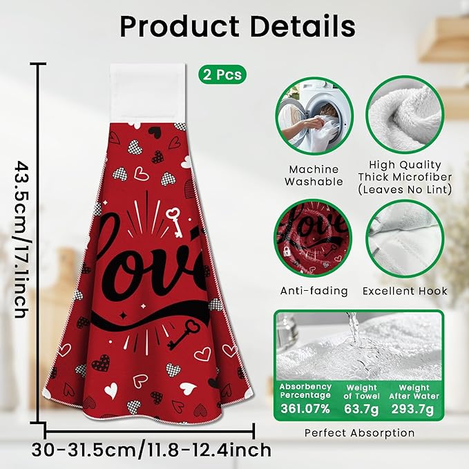 CUTHOLLOW Love Design Hanging Kitchen Towels with Loop, Set of 2 - Soft & Super Absorbent Microfiber Decorative Dish & Hand Towel, Tea, Coffee Towel for Kitchen Bathroom Oven Handle