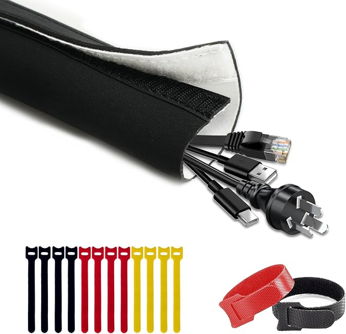 CableGeeke Cable Management Sleeve, 3.3ft (40 inch) - 1.5 inch | Hook-and-Loop Cuttable Neoprene, Split Reversible Sleeve for TV, USB, PC and Ethernet Cables, Protect Pets Kids