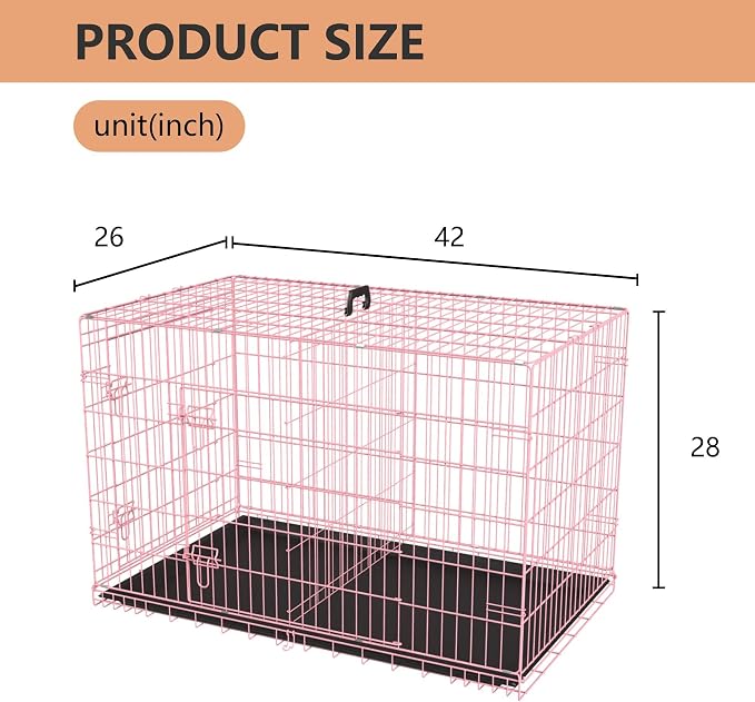 FDW Dog Crate for Large Dogs 42 Inch Folding Metal WirePet Cage Double Door W/Divider Panel Indoor Outdoor Kennel Leak-Proof Plastic Tray,Pink