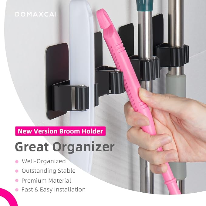 8 Pack Broom Holder Wall Mount, Improved Super Anti-Slip Mop and Broom Holder Wall Mount, Broom Hanger Gripper for Kitchen, Bathroom, Closet, Garden Garage, Black