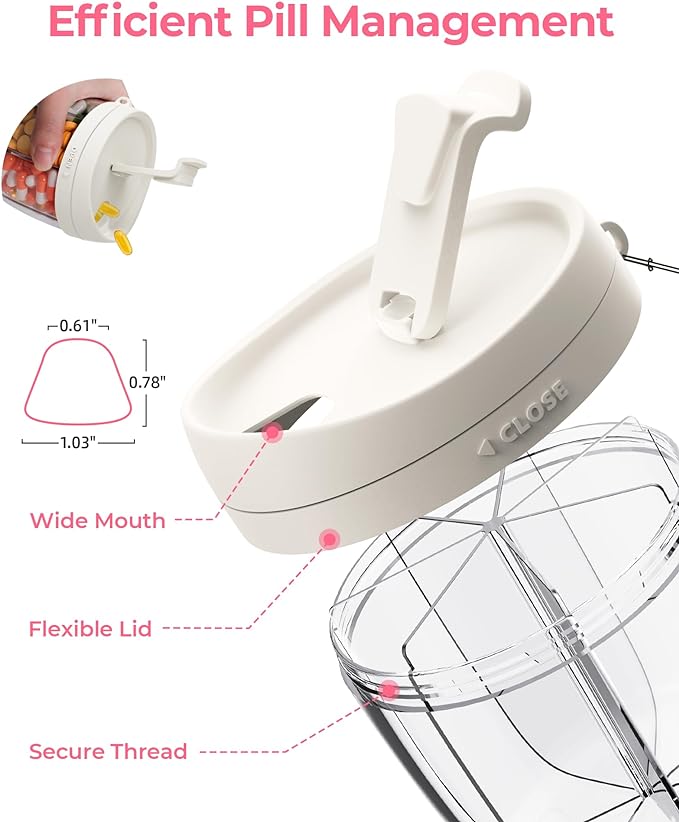 AMOOS Cute Pill Dispenser with Anti-Mix Design, 7-Slot, BPA-Free, Patented | Portable Travel Pill Organizer, Wide Mouth for Easy Access, Pill Bottle Organizer for Vitamins, Fish Oils, Supplements, White