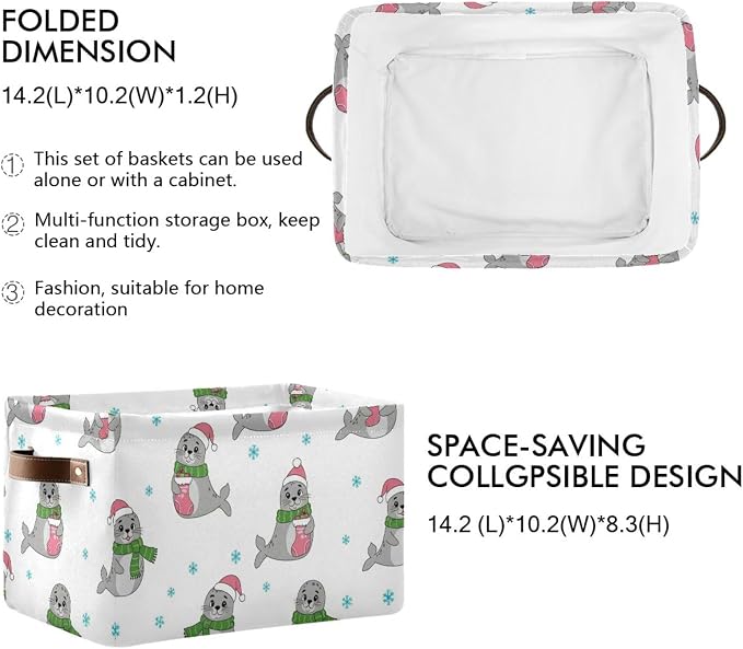 Christmas Seal White Print Rectangular Storage Bin Basket with Handles - Organizer Bin for Books Clothes Laundry Basket for Pets Playroom