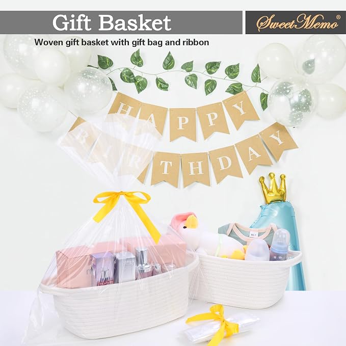 Gift Basket Empty with Handles, 12x8x5 inch - Small Cute Woven Rope Basket for Baby Nursery, Kids Toys - With Gift Bag & Ribbon, Perfect for Wedding, Birthday Gifting (Cream White, 1PC)