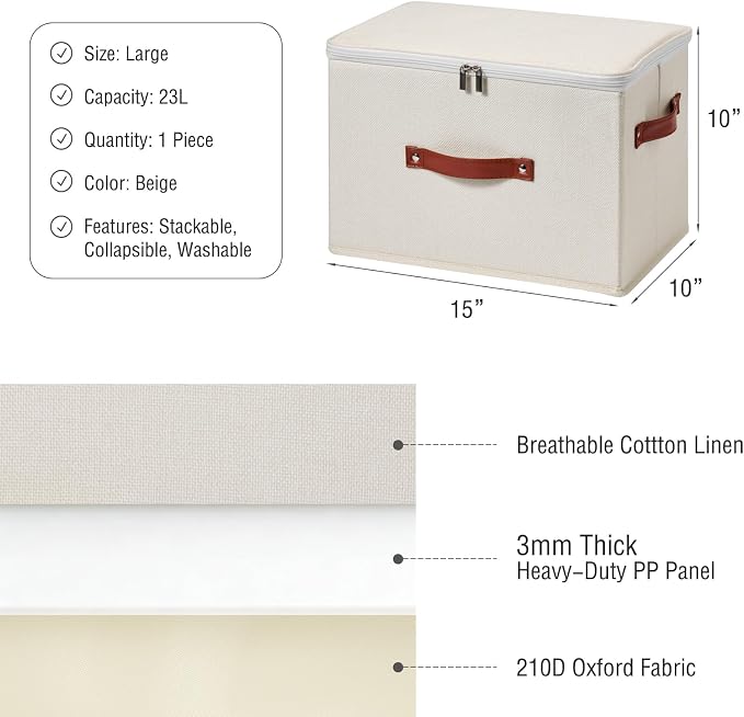 Storage Bin Box with Zippered Lid Decorative Collapsible Basket | Cotton Linen Fabric, Washable Foldable Stackable Clothes Container, Closet Shelf Organizer w/ PU Leather Handles, Beige-Large