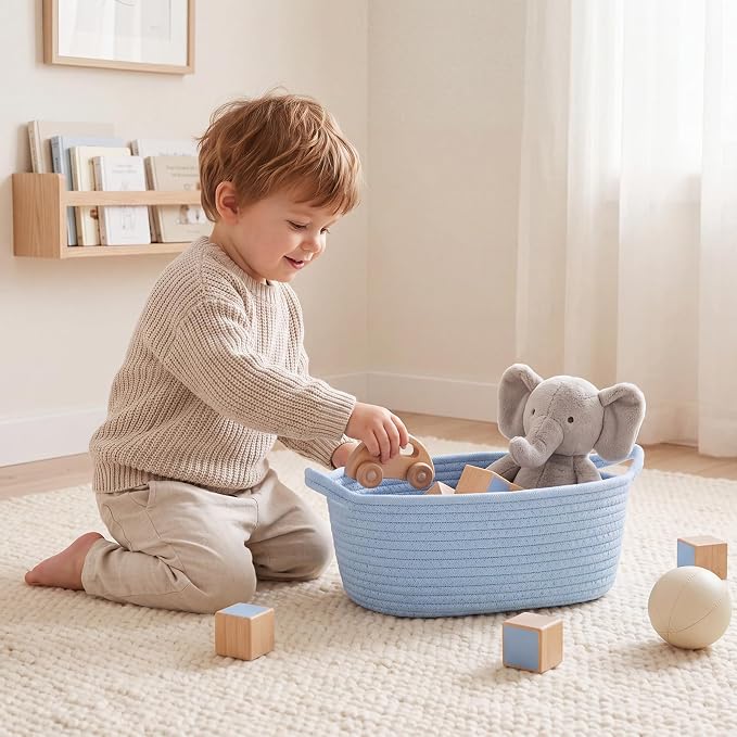 woric Small Baby Boy Gift Basket Woven Rope Basket for Baby Shower Storage | Light Blue Basket for Organizer Shelves Gifts Empty (12"X 8" X 5" with Gift Bag Card Ribbon Tissue Paper)