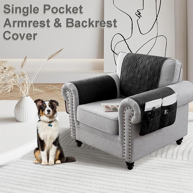 Waterproof Armrest Chair Covers with 6 Side Pocket 1 2 3 Seater Anti-Slip Chair Headrest Cover Armchair Slipcover Washable Protector for Pets Leather Sofa Couch (Black,3 Seater 5PCS)