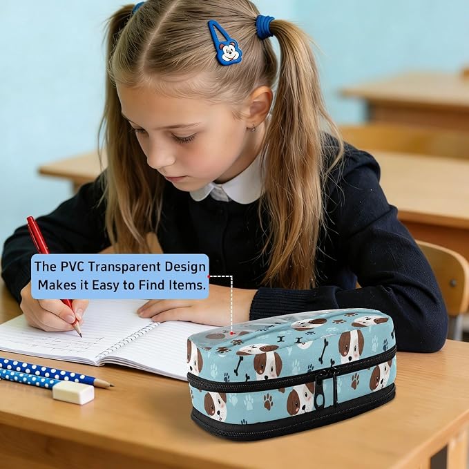 Cute Pets Puppies Blue pattern Large Capacity Pencil Case with Zipper Water Resistant Portable Organizer Pen Bag for School Office Students