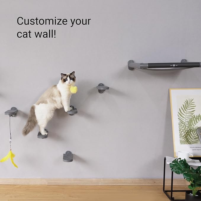 Cat Wall Steps (2-Pack), Climbing Stairs with Replaceable Felt Pad, Cat Shelves with Toy, Dark Grey