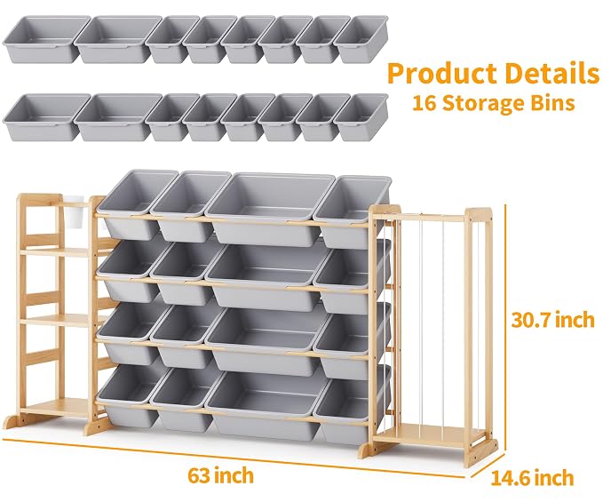 Toy Storage Organizer with Bookshelf and Stuffed Animal Storage - Kids Playroom Organization with Shelves and 16 Toy Bins - Toddler Living Room Toy Box for Lego - Nursery Bedroom Decor Essential