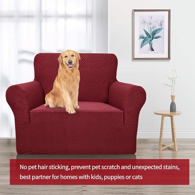YEMYHOM Couch Cover Latest Jacquard Design High Stretch Sofa Chair Covers for Living Room, Pet Dog Cat Proof Armchair Slipcover Non Slip Magic Elastic Furniture Protector (Small, Christmas Wine Red)
