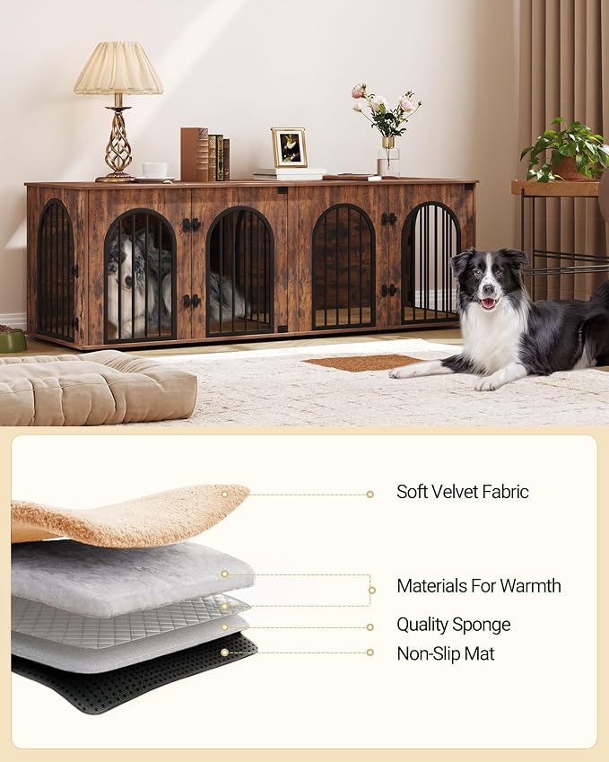 Hzuaneri 70.9" Double Dog Crate Furniture, Dog Kennel Indoor with Cushion | Heavy Duty Dog Crate Furniture for 2 Dogs,Dog Cage End Table TV Stand with Divider for Med-Large Dogs,Rustic Brown DFC81901B