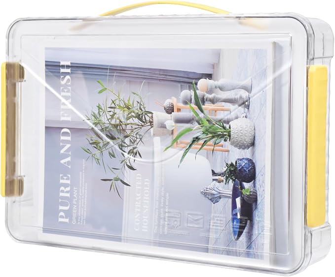 SAYEEC Clear File Storage Box Portable Project Case with Handle Plastic Storage Container with Lid Stackable Flat Storage Bin Document Magazine Protector Organizer for A4 Paper Photo Craft Scrapbook