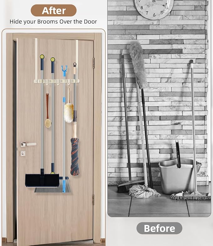 Broom Holder Over The Door with Hooks -304 Stainless Steel (light beige) | Save Space, Anti-Rust & Sturdy, Mop and Broom Holder Wall Mounted or Hanging Over The Door, for Garage Laundry Kitchen