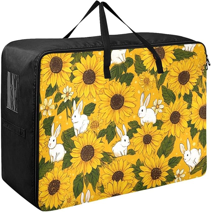 Comforter Storage Bags Large Folding Blanket Organizer Bag with Strong Handles Clear Window Closet Storage Containers for Clothes King Queen Pillows Bedding Quilt Duvet Autumn Sunflower and Cut