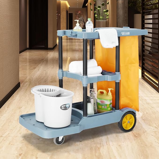 TUFFIOM Extra Large Commercial Traditional Cleaning Janitorial 3-Shelf Cart, 500 Lbs Housekeeping Cart, 42.5" L x 18.7" W x 37.6" H, Wheeled with 22 Gallon Yellow Vinyl Bag and Cover w lid, Blue