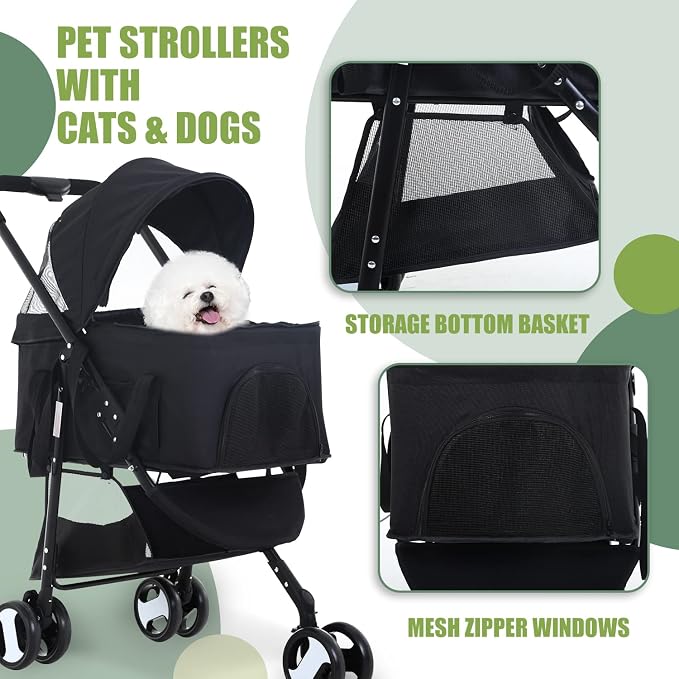Dog Stroller Cat Stroller Pet stoller 3-in-1 Folding Dog Stroller for Small Medium Dogs Cats with Detachable Carrier Storage Basket Waterproof Lightweight for Travel,Black