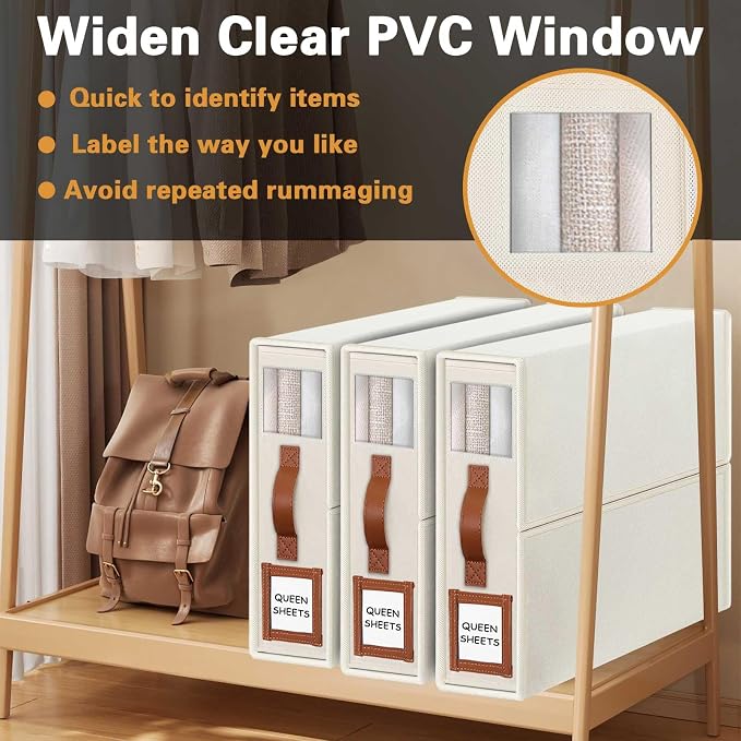 GhvyenntteS 8 Pack Bed Sheet Organizers and Storage (Queen & King Size), Foldable Sheet Organizers and Storage with Window and Label, Bed Sheet Organizer with Leather Handle, Beige