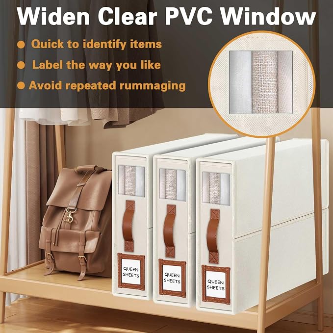 GhvyenntteS Bed Sheet Organizers and Storage, 4 Pack Closet Organizer | Foldable 800D Thickened Fabric, Clear Window & Labels, Leather Handle, Dust & Moisture Proof, Fits King & Queen Sheet Sets