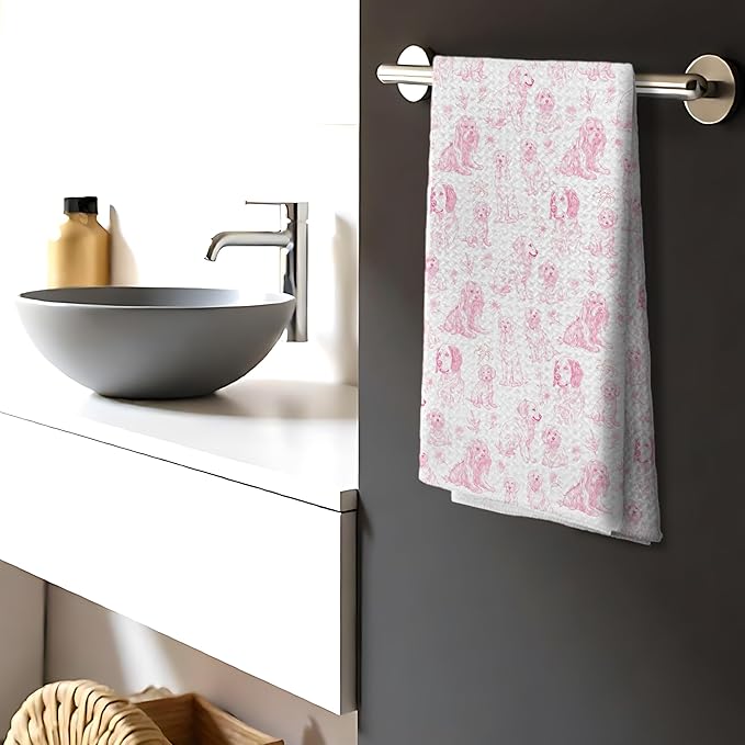 Pink Chinoiserie Dog Floral Decor Kitchen Towels，Pink Animal Print Grandmillennial Decorative Dish Tea Towels,Dog Gifts for Kitchen Bathroom Decor,16x24 Inch