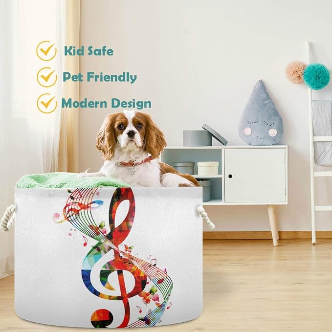 visesunny Storage Basket Colorful Music Notes Nursery Hamper Canvas Fabric Toy Storage Organizer Bin Storage Box Laundry Basket for Kid Rooms,Playroom,Shelves,Toy Basket