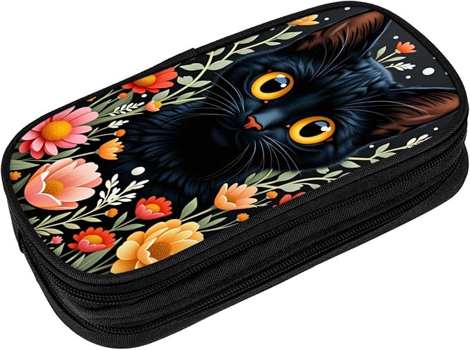 Retro Cat Pencil Pouch, Oxford Cloth Pen Case With Double Zipper Compartments, Portable Stationery Organizer For Office Supplies, Travel Accessories Makeup Items