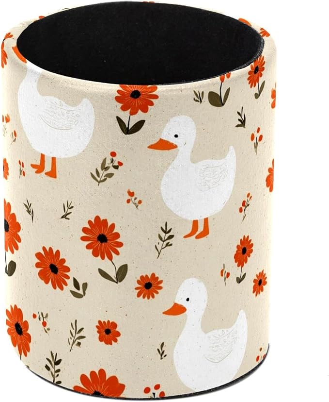 Faux Leather Pen Holder for Desk, Pencil Organizer Geese and Daisies Pen Cup Desk Decor Makeup Brush Holder Storage for Office Home