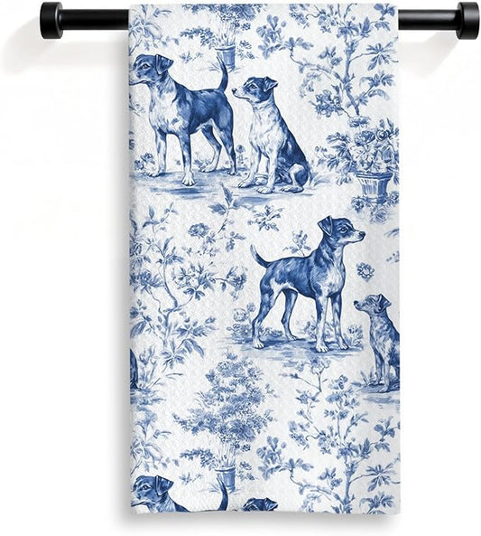 Jack Russell Kitchen Dish Towels,Blue and White Floral Dog Towel Dish Tea Towels, Chinoiserie Decor for Kitchen Bathroom,Jack Russell Terrier Gifts for Dog Lover Mom Dad,16x24 Inch